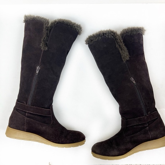 Lands End Mendota Suede Tall Boots Faux Fur 7 Leather Chocolate Brown Cabincore - Picture 11 of 11